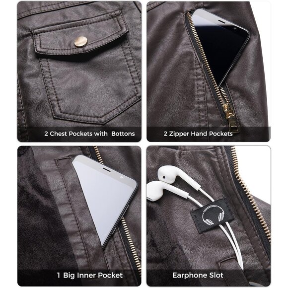 Wantdo Women Dark Brown Motorcycle Short Faux Leather Jacket with Removable Hood - Picture 6 of 7